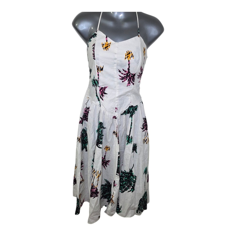 Vtg Tropical Palm Print Dress Womens 12 White Halter Fit Flare Resort Summer